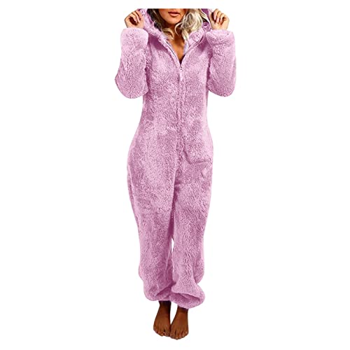 Jumpsuit Damen Kuschelig Einteiler Overall Lange Warm Schlafanzug Teddy Fleece Schlafoverall Winter Flauschig Onesie Einfarbig Plüsch Hausanzug mit Kapuze Pyjama Anzug Ganzkörperanzug von EMATOP