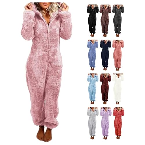 Jumpsuit Damen Kuschelig Einteiler Overall Lange Warm Schlafanzug Teddy Fleece Schlafoverall Winter Flauschig Onesie Einfarbig Plüsch Hausanzug mit Kapuze Pyjama Anzug Ganzkörperanzug von EMATOP