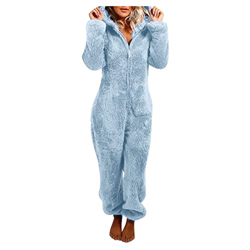 Jumpsuit Damen Kuschelig Einteiler Overall Lange Warm Schlafanzug Teddy Fleece Schlafoverall Winter Flauschig Onesie Einfarbig Plüsch Hausanzug mit Kapuze Pyjama Anzug Ganzkörperanzug von EMATOP
