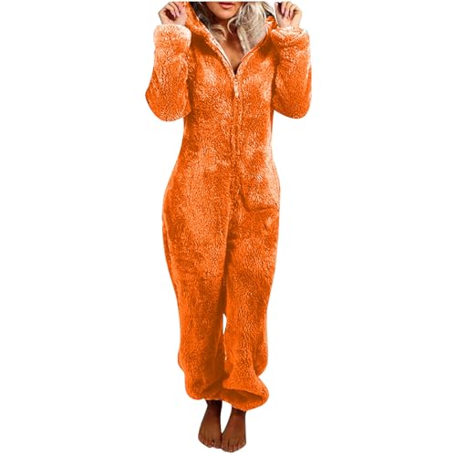 Jumpsuit Damen Kuschelig Einteiler Overall Lange Warm Schlafanzug Teddy Fleece Schlafoverall Winter Flauschig Onesie Einfarbig Plüsch Hausanzug mit Kapuze Pyjama Anzug Ganzkörperanzug von EMATOP