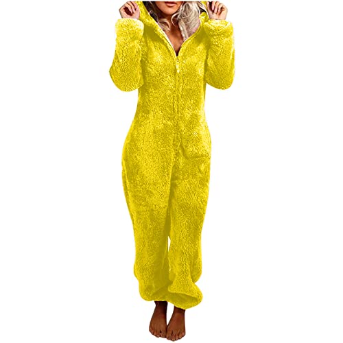 Jumpsuit Damen Kuschelig Einteiler Overall Lange Warm Schlafanzug Teddy Fleece Schlafoverall Winter Flauschig Onesie Einfarbig Plüsch Hausanzug mit Kapuze Pyjama Anzug Ganzkörperanzug von EMATOP