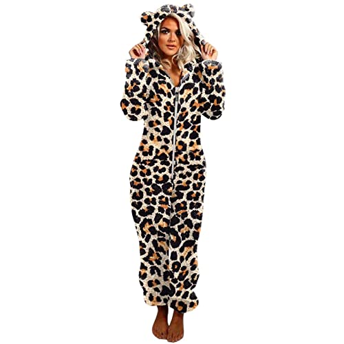 EMATOP Jumpsuit Damen Kuschelig Einteiler Overall Teddy Fleece Hausanzug Flauschig Schlafanzug Winter Warm Onesie Lang Plüsch Schlafoverall Leoparden Muster Pyjama mit Kapuze Loungewear Romper von EMATOP