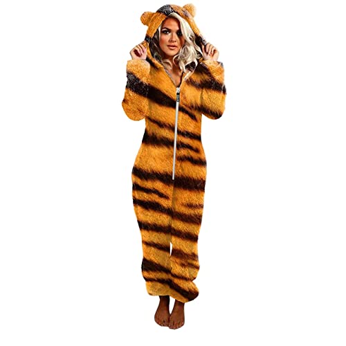 EMATOP Jumpsuit Damen Kuschelig Einteiler Overall Teddy Fleece Hausanzug Flauschig Schlafanzug Winter Warm Onesie Lang Plüsch Schlafoverall Leoparden Muster Pyjama mit Kapuze Loungewear Romper von EMATOP