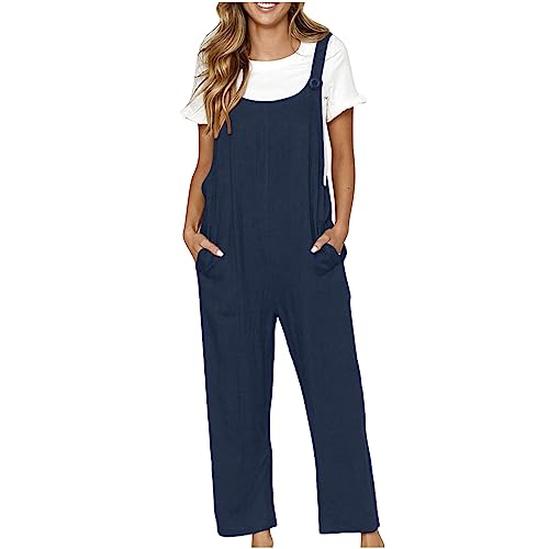 EMATOP Jumpsuit Damen Lang Weite Bein Latzhose Baumwoll Leinen Einteiler Overall Sommer Ärmellos Playsuits mit Taschen Arbeitshose Elegant Einfarbig Hosenanzug Leicht Weites Bein Hosen für Alltag von EMATOP