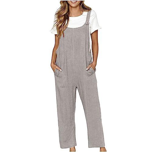 EMATOP Jumpsuit Damen Lang Weite Bein Latzhose Baumwoll Leinen Einteiler Overall Sommer Ärmellos Playsuits mit Taschen Arbeitshose Elegant Einfarbig Hosenanzug Leicht Weites Bein Hosen für Alltag von EMATOP