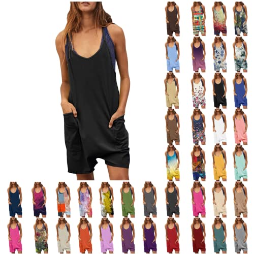 EMATOP Jumpsuit Damen Sommer Kurz Latzhose Ärmellos Trägerhose Sexy V-Ausschnitt Einteiler Overall Casual Baggy Hosenanzug Einfarbig Blumen Playsuit mit Taschen Romper Leicht Arbeitshose Shorts von EMATOP