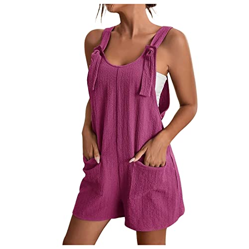 EMATOP Jumpsuit Damen Sommer Kurz Overall Baumwolle Leinen Einteiler Latzhose Casual Einfarbig Playsuit mit Taschen Sommerhose Elegant Ärmellos Romper Shorts Leichtes Vintage Trägerhose Frauen von EMATOP