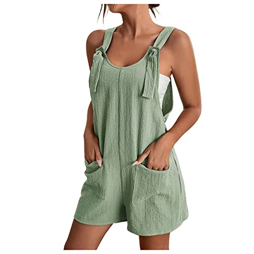 EMATOP Jumpsuit Damen Sommer Kurz Overall Baumwolle Leinen Einteiler Latzhose Casual Einfarbig Playsuit mit Taschen Sommerhose Elegant Ärmellos Romper Shorts Leichtes Vintage Trägerhose Frauen von EMATOP