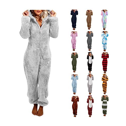 EMATOP Jumpsuit Damen Winter Warm Overall Teddy Fleece Einteiler Onesie Schlafanzug Kuschelig Lang Pyjama Flauschig Weich Hausanzug Einfarbig Schlafoverall mit Kapuze Reißverschluss Homewear von EMATOP