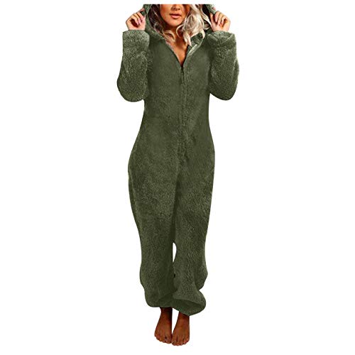 EMATOP Jumpsuit Damen Winter Warm Overall Teddy Fleece Einteiler Onesie Schlafanzug Kuschelig Lang Pyjama Flauschig Weich Hausanzug Einfarbig Schlafoverall mit Kapuze Reißverschluss Homewear von EMATOP