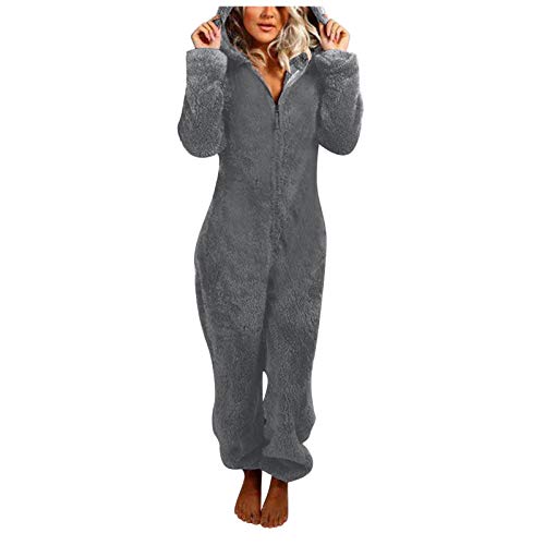 Jumpsuit Damen Winter Warm Overall Teddy Fleece Einteiler Onesie Schlafanzug Kuschelig Lang Pyjama Flauschig Weich Hausanzug Einfarbig Schlafoverall mit Kapuze Reißverschluss Homewear von EMATOP