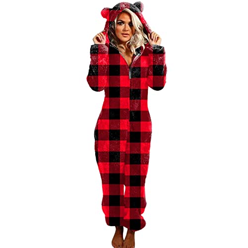 EMATOP Jumpsuit Damen Winter Warm Overall Teddy Fleece Einteiler Onesie Schlafanzug Kuschelig Lang Pyjama Flauschig Weich Hausanzug Einfarbig Schlafoverall mit Kapuze Reißverschluss Homewear von EMATOP