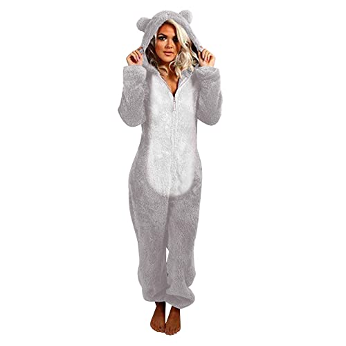 EMATOP Jumpsuit Damen Winter Warm Overall Teddy Fleece Einteiler Onesie Schlafanzug Kuschelig Lang Pyjama Flauschig Weich Hausanzug Einfarbig Schlafoverall mit Kapuze Reißverschluss Homewear von EMATOP