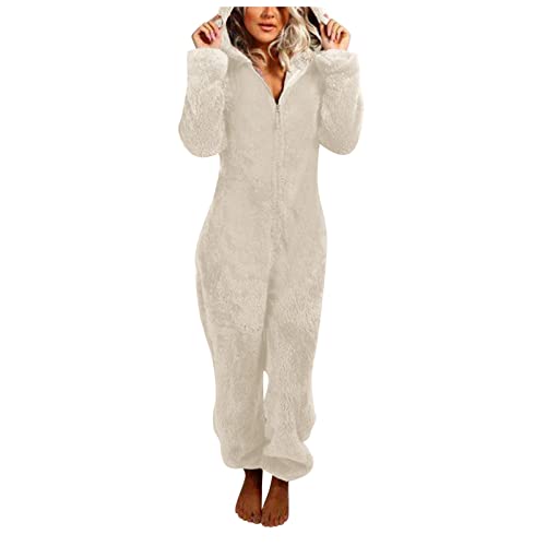 EMATOP Jumpsuit Damen Winter Warm Overall Teddy Fleece Einteiler Onesie Schlafanzug Kuschelig Lang Pyjama Flauschig Weich Hausanzug Einfarbig Schlafoverall mit Kapuze Reißverschluss Homewear von EMATOP