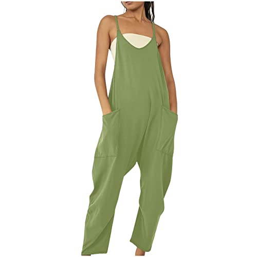 Jumpsuits für Damen Ärmellos Sommer Latzhose Lange Elegant Playsuit Casual V-Ausschnitt Träger Overall Locker Einfarbig Arbeitshose mit Taschen Einteiler Romper Leicht Bequem Sommerhose von EMATOP