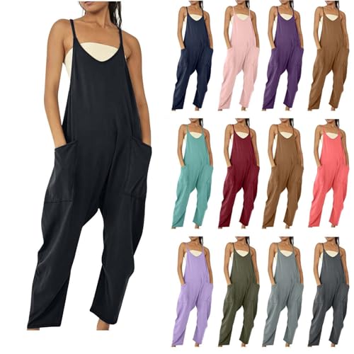 Jumpsuits für Damen Ärmellos Sommer Latzhose Lange Elegant Playsuit Casual V-Ausschnitt Träger Overall Locker Einfarbig Arbeitshose mit Taschen Einteiler Romper Leicht Bequem Sommerhose von EMATOP