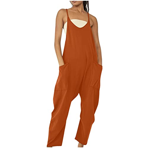 EMATOP Jumpsuits für Damen Ärmellos Sommer Latzhose Lange Elegant Playsuit Casual V-Ausschnitt Träger Overall Locker Einfarbig Arbeitshose mit Taschen Einteiler Romper Leicht Bequem Sommerhose von EMATOP