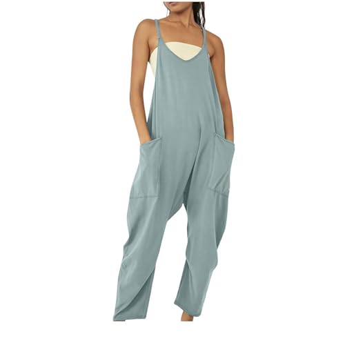 Jumpsuits für Damen Ärmellos Sommer Latzhose Lange Elegant Playsuit Casual V-Ausschnitt Träger Overall Locker Einfarbig Arbeitshose mit Taschen Einteiler Romper Leicht Bequem Sommerhose von EMATOP