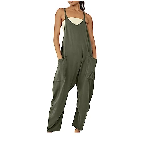 Jumpsuits für Damen Ärmellos Sommer Latzhose Lange Elegant Playsuit Casual V-Ausschnitt Träger Overall Locker Einfarbig Arbeitshose mit Taschen Einteiler Romper Leicht Bequem Sommerhose von EMATOP