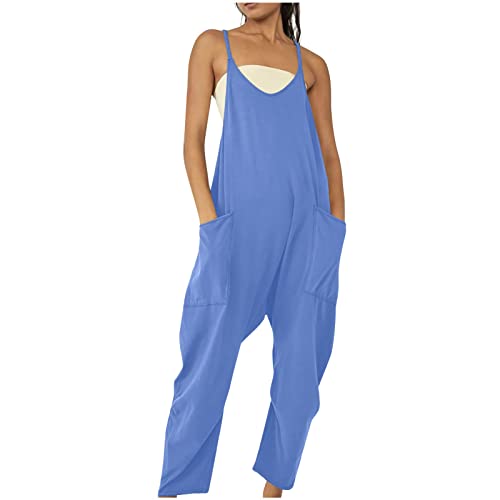 Jumpsuits für Damen Ärmellos Sommer Latzhose Lange Elegant Playsuit Casual V-Ausschnitt Träger Overall Locker Einfarbig Arbeitshose mit Taschen Einteiler Romper Leicht Bequem Sommerhose von EMATOP