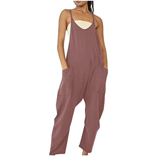 Jumpsuits für Damen Ärmellos Sommer Latzhose Lange Elegant Playsuit Casual V-Ausschnitt Träger Overall Locker Einfarbig Arbeitshose mit Taschen Einteiler Romper Leicht Bequem Sommerhose von EMATOP