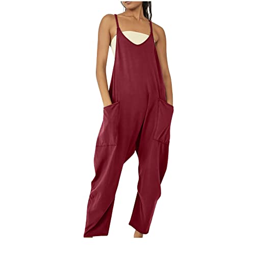 Jumpsuits für Damen Ärmellos Sommer Latzhose Lange Elegant Playsuit Casual V-Ausschnitt Träger Overall Locker Einfarbig Arbeitshose mit Taschen Einteiler Romper Leicht Bequem Sommerhose von EMATOP