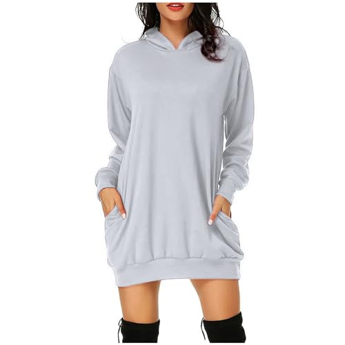 EMATOP Kapuzenpullover Damen Hoodie Kleid Lang Baumwolle Sweatkleid Langarm Sport Winterkleid Warm Einfarbig Herbstkleid mit Kapuze Sweatshirt Herbst Winter Elegant Minikleid Knielang Pullover von EMATOP