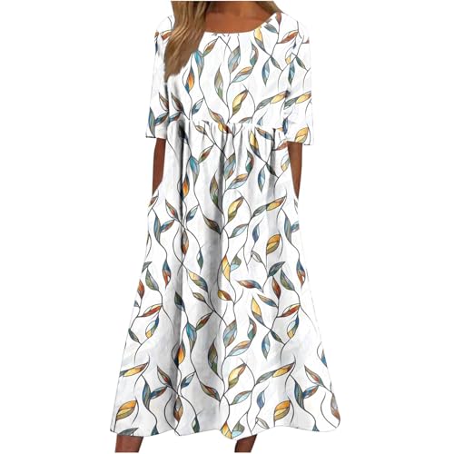 EMATOP Kleid A Linie Damen Elegant Sommerkleid Knielang Blumenkleid Casual Tunika Kleider Kurzarm Rundhals Midikleid mit Taschen Strandkleid Locker Plissiert Wickelkleid Hohe Taille Blumenkleid von EMATOP