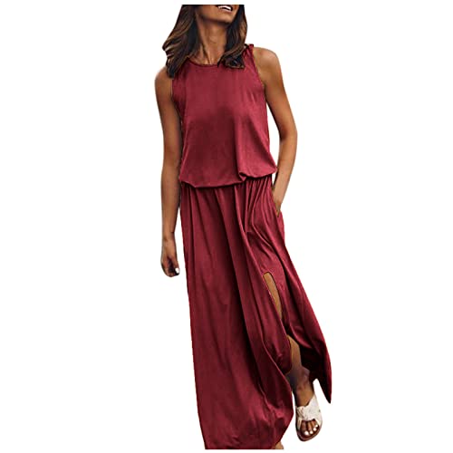 EMATOP Kleid Damen Sommer Lang Shirtkleider Sexy Ärmellos Strandkleid Elegant Einfarbig Sommerkleid mit Taschen Umstandskleid Baumwolle Rundhals Freizeitkleid Schlitz Vintage Partykleid Frauen von EMATOP