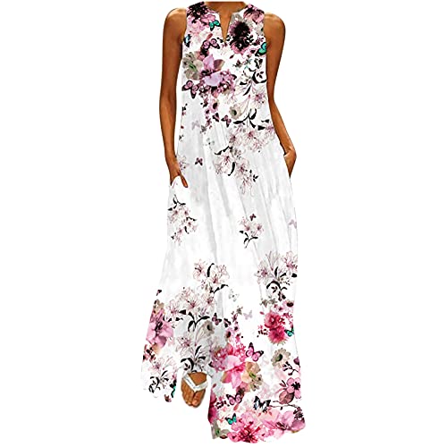 EMATOP Kleider Damen Boho Sommerkleid Sexy ärmellos Maxikleider Elegant V-Ausschnitt Strandkleid Lang Locker Freizeitkleider Bunte Blumen Druck Shirtkleid Vintage Mode Blumenkleid für Frauen von EMATOP