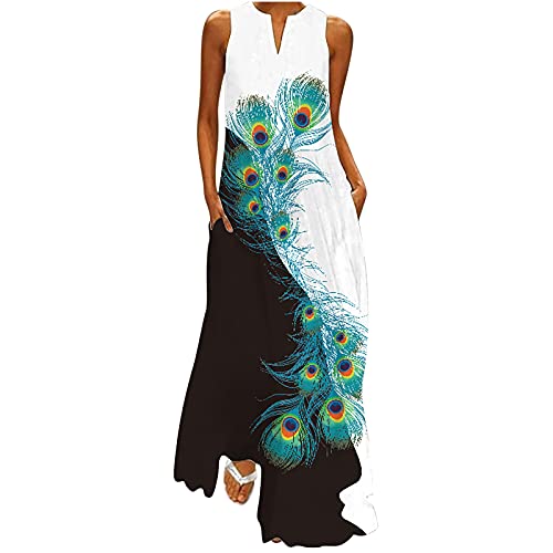 EMATOP Kleider Damen Boho Sommerkleid Sexy ärmellos Maxikleider Elegant V-Ausschnitt Strandkleid Lang Locker Freizeitkleider Bunte Blumen Druck Shirtkleid Vintage Mode Blumenkleid für Frauen von EMATOP