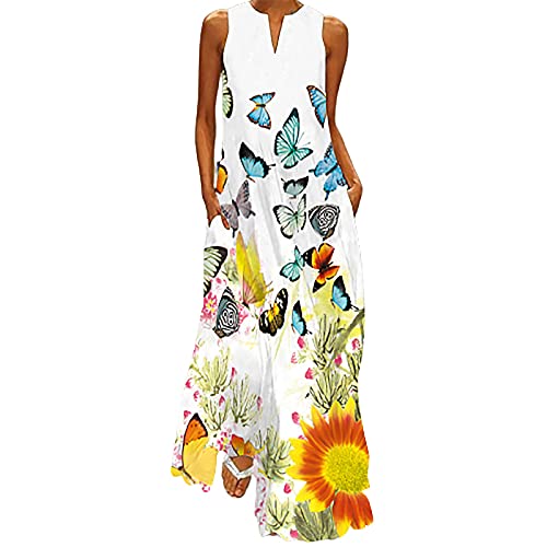 EMATOP Kleider Damen Boho Sommerkleid Sexy ärmellos Maxikleider Elegant V-Ausschnitt Strandkleid Lang Locker Freizeitkleider Bunte Blumen Druck Shirtkleid Vintage Mode Blumenkleid für Frauen von EMATOP