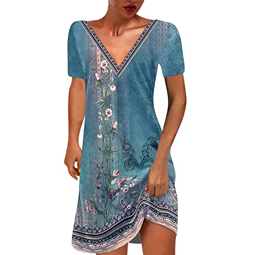 Kleider Damen Sommer Elegant Blusenkleid Boho Tunika Kleid Knielang Strandkleider Lässig Kurzarm T-Shirt Minikleid Sexy V-Ausschnitt Freizeitkleid Lose Baumwolle Partykleid Blumenkleid von EMATOP