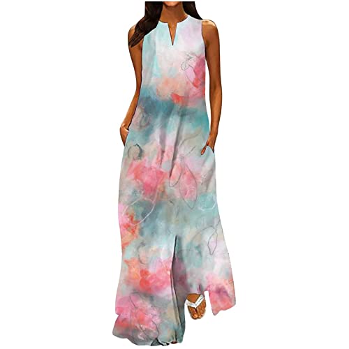 EMATOP Kleider Damen Sommer Lang Strandkleid Ärmellos Elegant Maxikleider V Ausschnitt Sexy Sommerkleid Bunt Blumen Druck Freizeitkleid mit Taschen Blusenkleid Lässiges Lose Partykleid von EMATOP