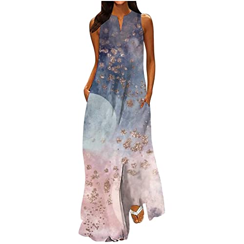 EMATOP Kleider Damen Sommer Lang Strandkleid Ärmellos Elegant Maxikleider V Ausschnitt Sexy Sommerkleid Bunt Blumen Druck Freizeitkleid mit Taschen Blusenkleid Lässiges Lose Partykleid von EMATOP