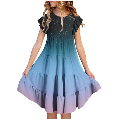EMATOP Kleider für Mädchen Sommer Elegant Midikleid Festliche Partykleid Lässig Kurzarm Strandkleid Knielang Sommerkleid Hohe Taille A Linie Kleid Bunte Farbverlauf Freizeitkleid Swingkleid von EMATOP