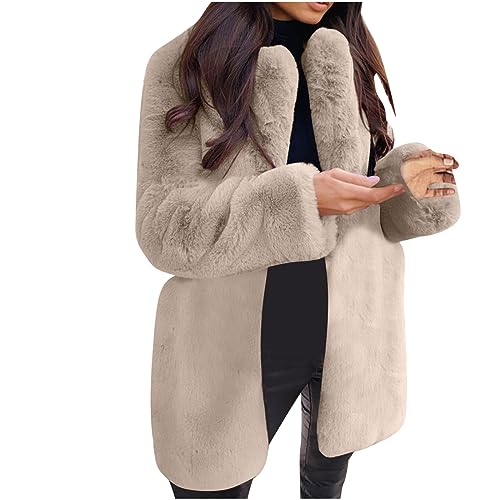 EMATOP Kunstpelz Mantel Damen Revers Wintermantel Teddy Fleece Kunstpelzjacke Winter Warm Pelzmantel Einfarbig Plüschjacke Lang Elegant Fellmantel Flauschig Kuschelig Winterjacke Felljacke von EMATOP