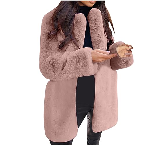 EMATOP Kunstpelz Mantel Damen Revers Wintermantel Teddy Fleece Kunstpelzjacke Winter Warm Pelzmantel Einfarbig Plüschjacke Lang Elegant Fellmantel Flauschig Kuschelig Winterjacke Felljacke von EMATOP