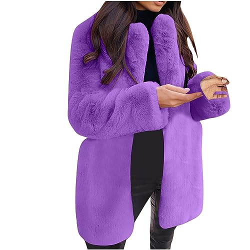 EMATOP Kunstpelz Mantel Damen Revers Wintermantel Teddy Fleece Kunstpelzjacke Winter Warm Pelzmantel Einfarbig Plüschjacke Lang Elegant Fellmantel Flauschig Kuschelig Winterjacke Felljacke von EMATOP