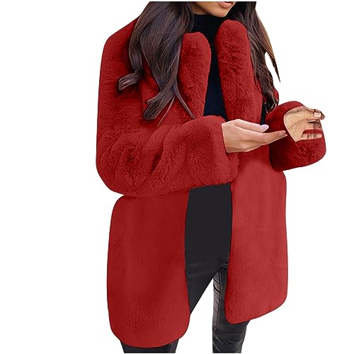 EMATOP Kunstpelz Mantel Damen Revers Wintermantel Teddy Fleece Kunstpelzjacke Winter Warm Pelzmantel Einfarbig Plüschjacke Lang Elegant Fellmantel Flauschig Kuschelig Winterjacke Felljacke von EMATOP