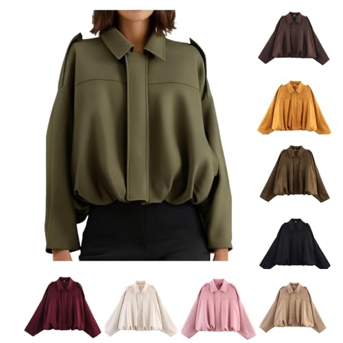 EMATOP Kurz Bomberjacke Damen Lässig Langarm Wildlederjacke Revers Elegant Lederjacke Locker Einfarbig Wildleder Jacke Sport Bequem Herbstjacke Übergangsjacke Full Zip Mantel Y2K Streetwear von EMATOP