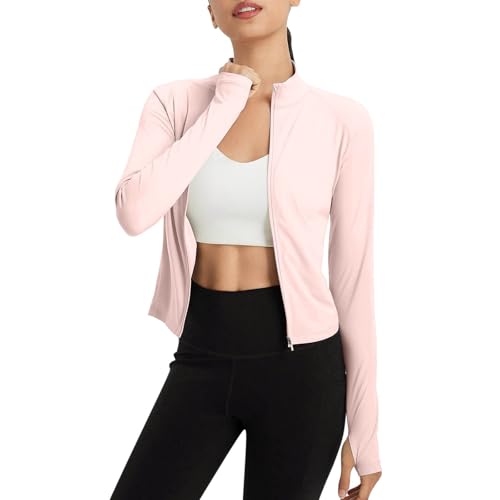 EMATOP Kurz Funktionsshirt Damen UV Shirt UPF 50+ Sonnenschutz Sportshirt Leicht Dünn Jacke Full Zip Laufshirt Schnelltrocknend Langarmshirt mit Daumenloch Oberteile Einfarbig Freizeitjacke von EMATOP