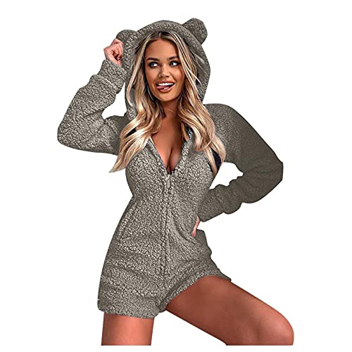 EMATOP Kurz Jumpsuit Damen Kuschelig Schlafoverall Teddy Fleece Schlafanzug Flauschig Einteiler Onesie Einfarbig Overall Warm Winter Hausanzug mit Kapuze & Reißverschluss Pyjama Ganzkörperanzug von EMATOP
