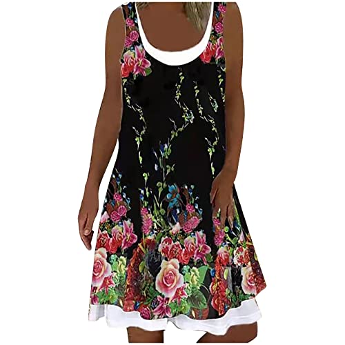 EMATOP Kurz Kleid Damen Ärmellos Sommerkleid Knielang Strandkleid Casual Rundhals Freizeitkleider Blumen Druck Minikleider Fake Zweiteiler Shirtkleider Elegant Baumwolle Shortkleid Streetwear von EMATOP