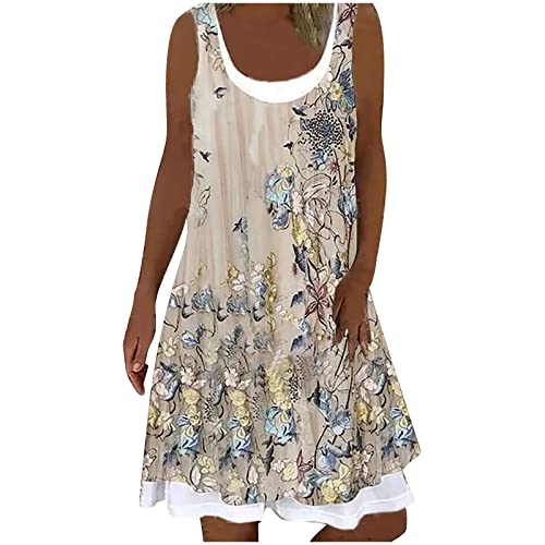 EMATOP Kurz Kleid Damen Ärmellos Sommerkleid Knielang Strandkleid Casual Rundhals Freizeitkleider Blumen Druck Minikleider Fake Zweiteiler Shirtkleider Elegant Baumwolle Shortkleid Streetwear von EMATOP