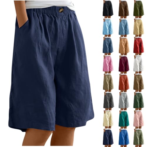 EMATOP Kurze Leinenhose Damen Sommer Leicht Shorts Knielang Stoffhose Casual Baumwolle Leinen Hose Locker Luftig Strandhose Elegant Einfarbiges Sommerhose Weites Hosen mit Taschen Sporthose von EMATOP