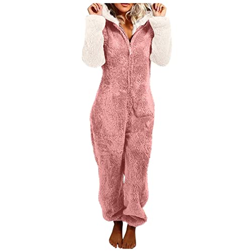 EMATOP Kuschel Jumpsuit Damen Warm Flauschig Schlafanzug Teddy Fleece Einteiler Overalls Winter Lang Pyjama mit Kapuze Reißverschluss Schlafoverall Kuschelig Weich Onesie Plüsch Hausanzug von EMATOP