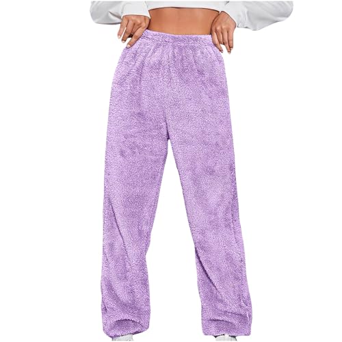 EMATOP Kuschelig Hosen Damen Warm Lange Freizeithose Fleece Einfarbig Schlafhose Teddy Plüsch Thermohose Flauschig Elegant Fleecehose Elastische Taille Plüschhose Mode Lounge Hose für Frauen von EMATOP