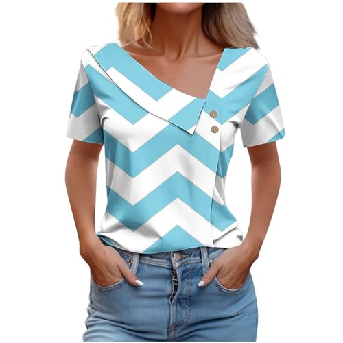 EMATOP Lässig Tshirt Damen V-Ausschnitt Lockere Oberteile Elegante Sommer Tunika Bluse Tops Bunt Streifen Longshirt Casual Leicht Kurzarm Sommershirts Weich Bequem Longbluse Teenager Mädchen von EMATOP