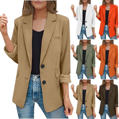 EMATOP Lang Blazer Damen Langarm Elegant Mantel Einfarbig Revers Sakko Jacke Lässig Business Blazerjacke Slim Fit Sportlich Longblazer mit Taschen Trenchcoat Vintage Knöpfe Übergangsjacke von EMATOP
